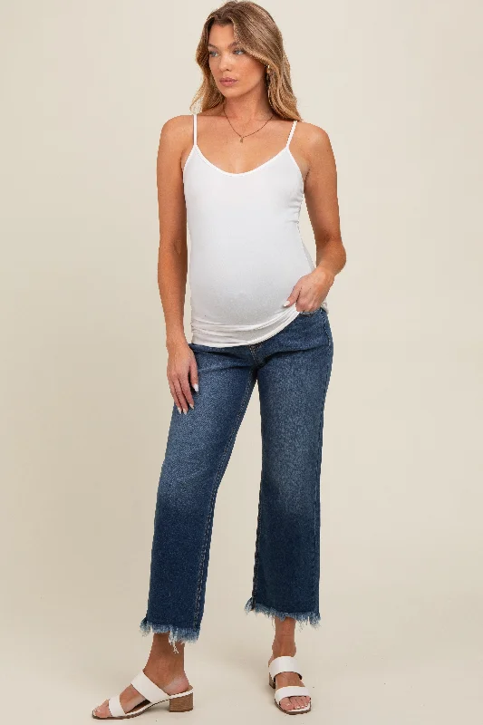 Navy Blue Fringe Hem Maternity Cropped Jeans