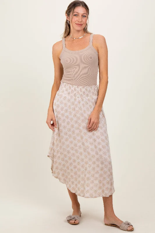 Beige Damask Print Smocked Waistband Midi Skirt