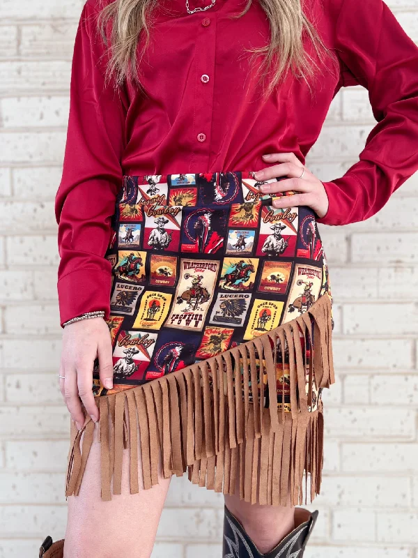 Western Collage Wrap Fringe Skirt