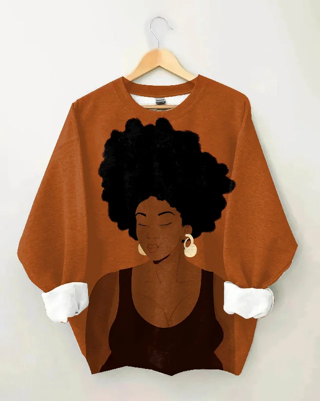 Gold Earrings Brown Afro Women Long Sleeve Sweatshirt