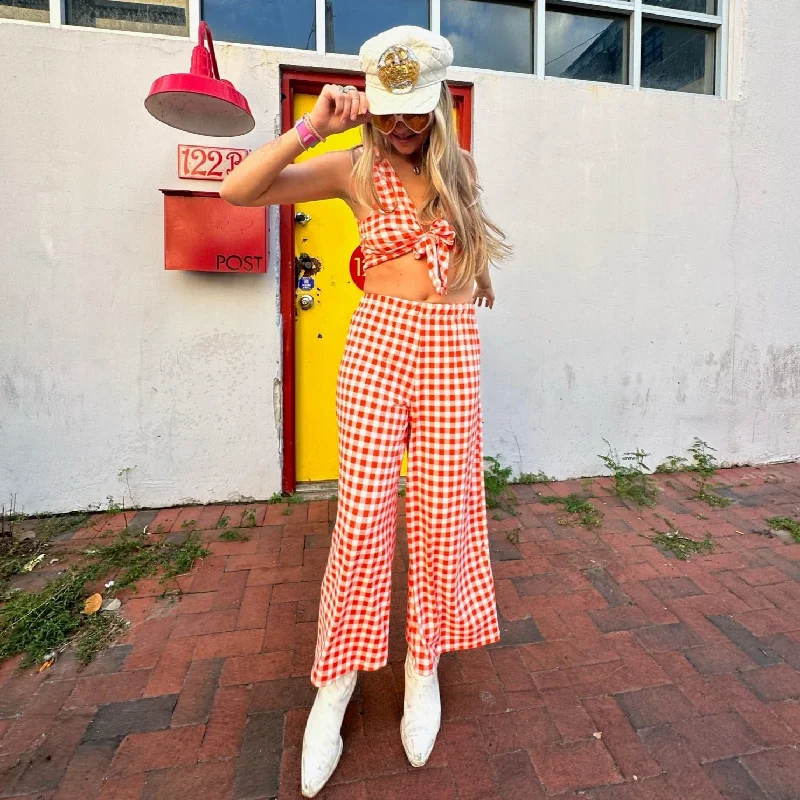 Orange Gingham Wide Leg Pants