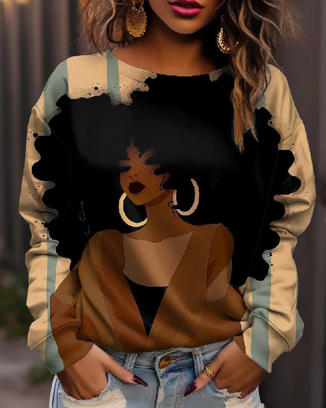 Women's Afro Sexy Gold Earrings Striped Retro Long Sleeve Sweatshirt