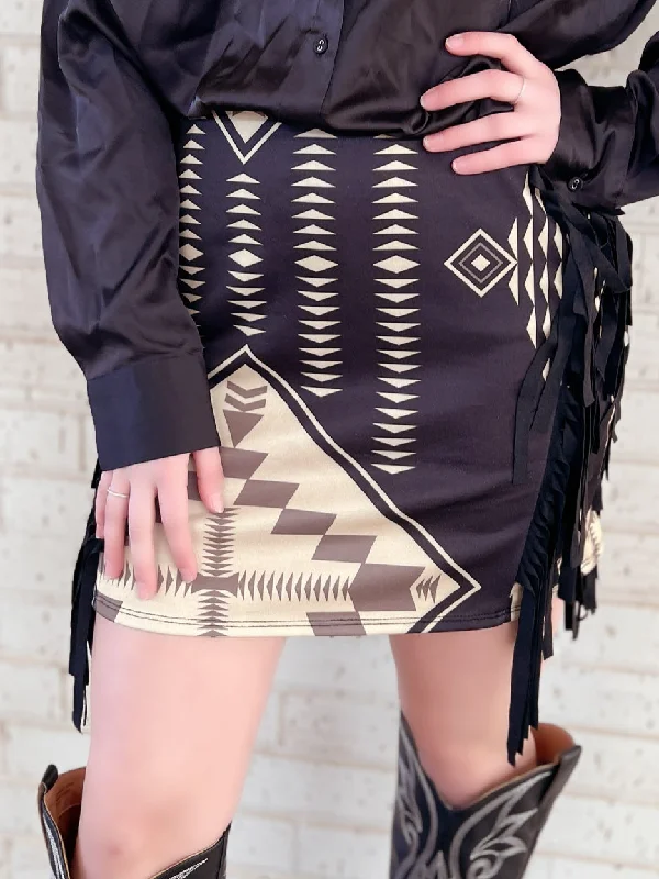 Aztec Printed Double Side Fringe Skirt