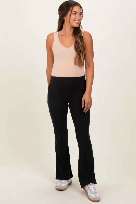 Black Fold Over Waistband Maternity Flared Pants