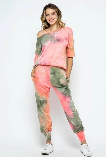 Riki Tie Dye Jogger Set, Coral Mix