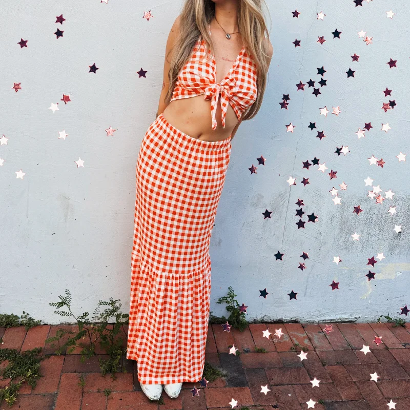 Orange Gingham Maxi Skirt