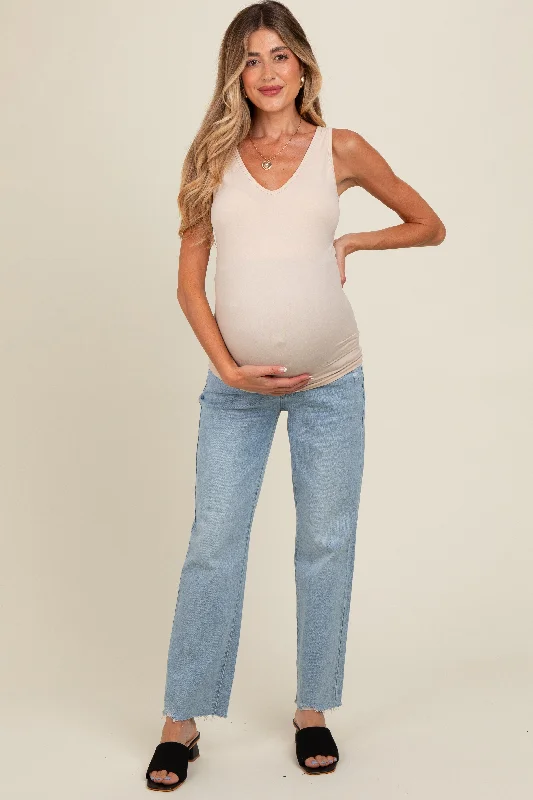 Light Blue Distressed Raw Hem Maternity Straight Leg Jeans