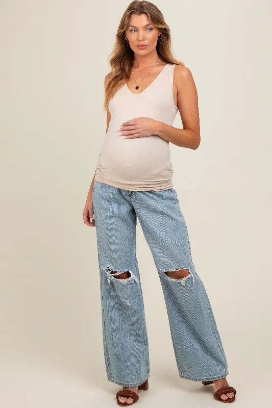 Light Blue Open Knee Relaxed Wide Leg Maternity Jeans