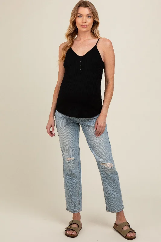 Light Blue Open Knee Straight Leg Maternity Jeans