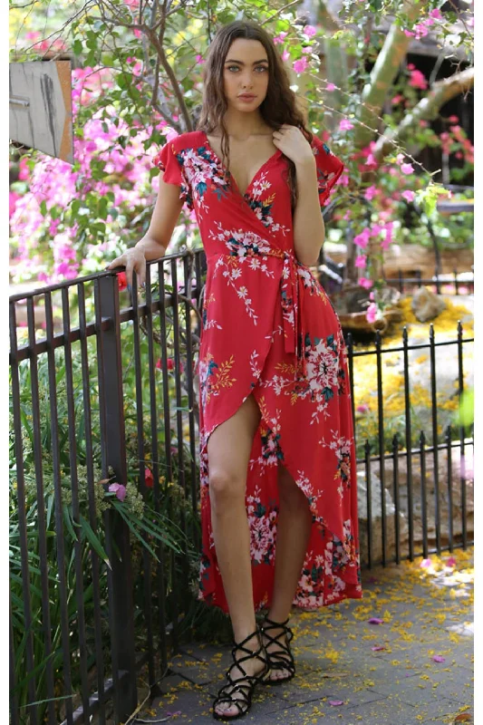 Floral Walk Through Maxi Romper, Red