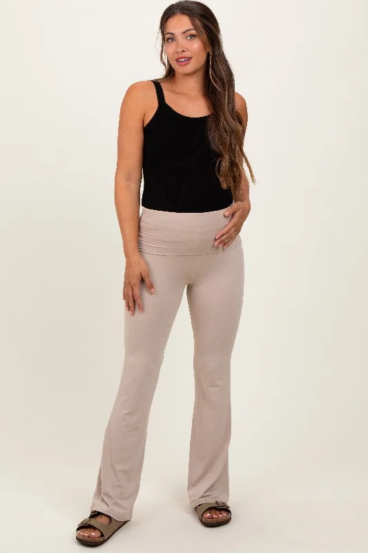 Cream Fold Over Waistband Maternity Flared Pants