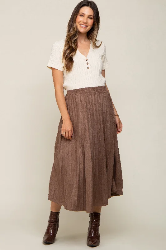 Mocha Suede Pleated Maternity Midi Skirt