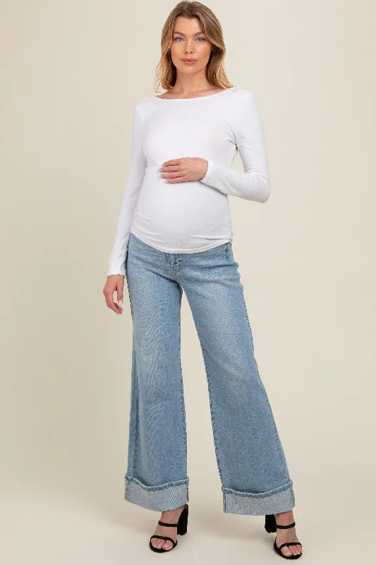 Light Blue Cuffed Maternity Wide Leg Jeans