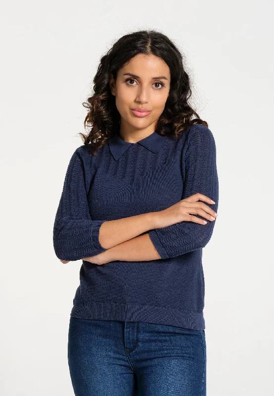 Pull femme fin manches 3/4 col décolleté bleu marine