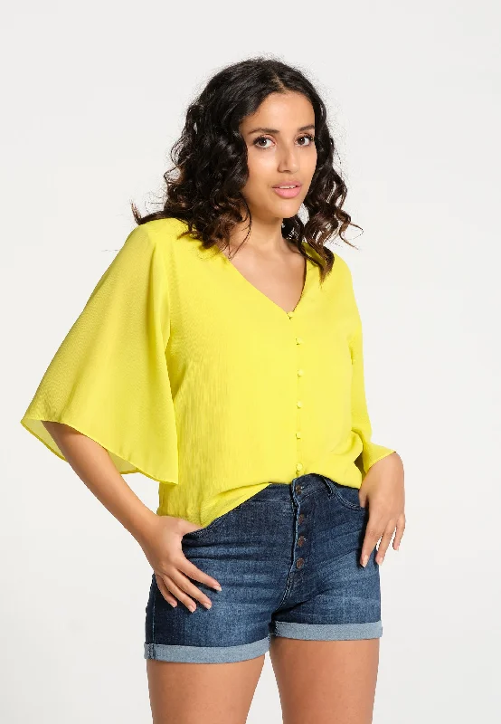 Chemisier femme fluide manches 3/4 jaune avec boutons