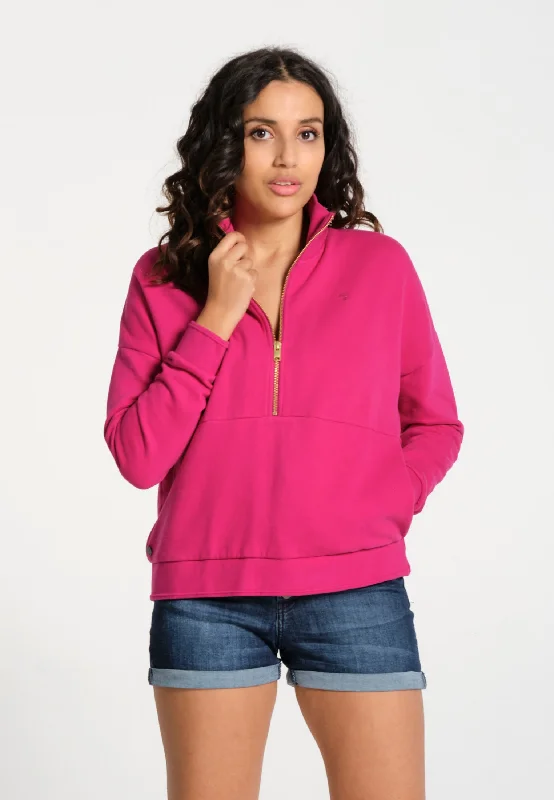 Sweatshirt femme fuchsia uni avec col zippé