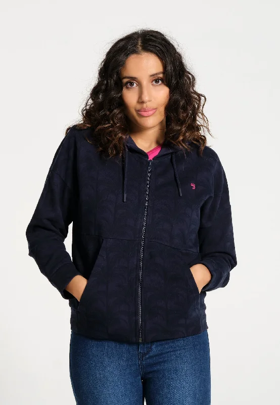 Sweatshirt femme bleu marine zippé avec imprimé palmiers