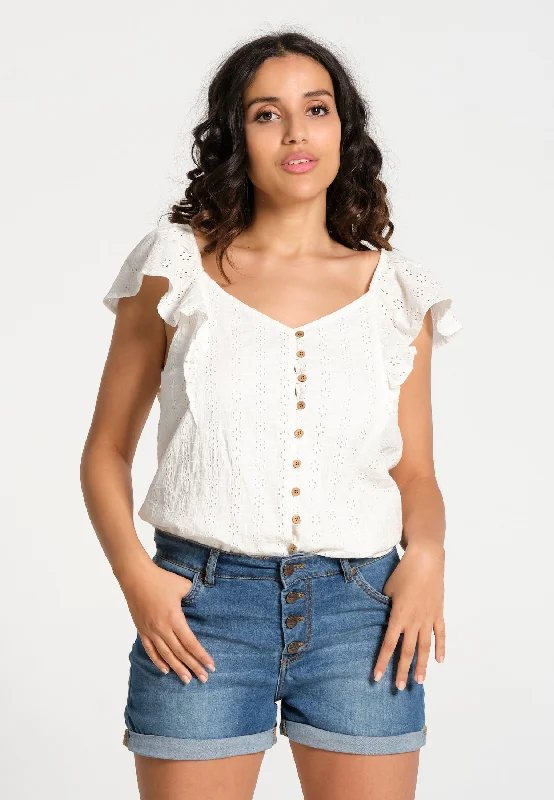 Top femme blanc boutonné et manches à volants