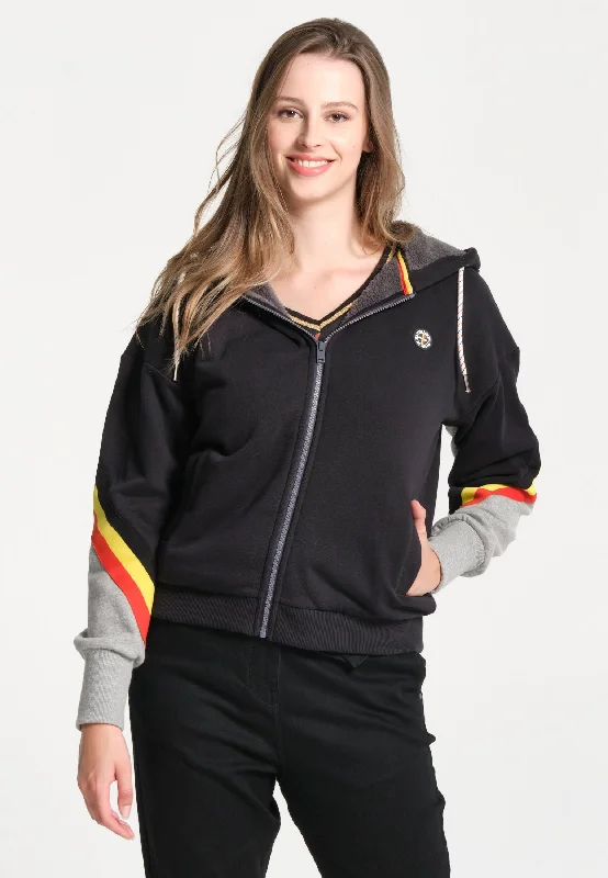 Sweatshirt femme noir zippé avec capuche et finitions noires, jaunes et rouges