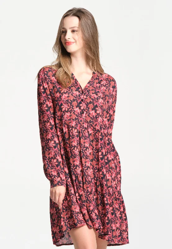 Robe femme boutonnée courte imprimé floral rouge