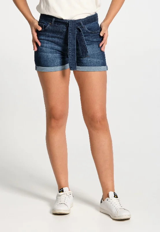 Short femme bleu moyen en jeans avec ceinture