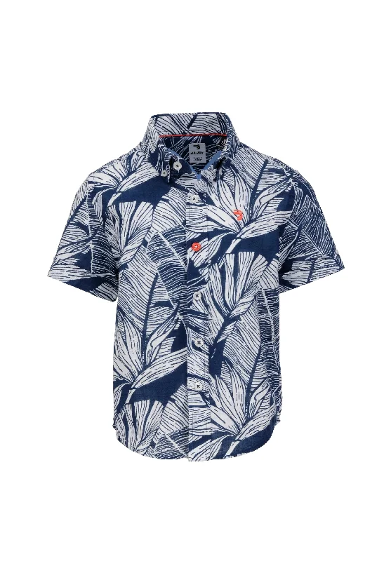 Chemise garçon manches courtes bleue et feuilles en dégradé