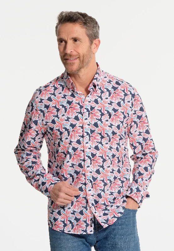 Chemise homme bleue avec fleurs rouges