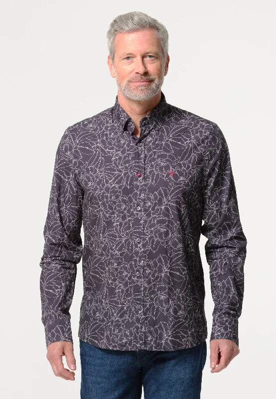 Chemise homme foncée motif feuilles en filigrane