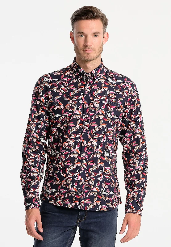 Chemise homme bleue marine avec imprimé feuilles roses