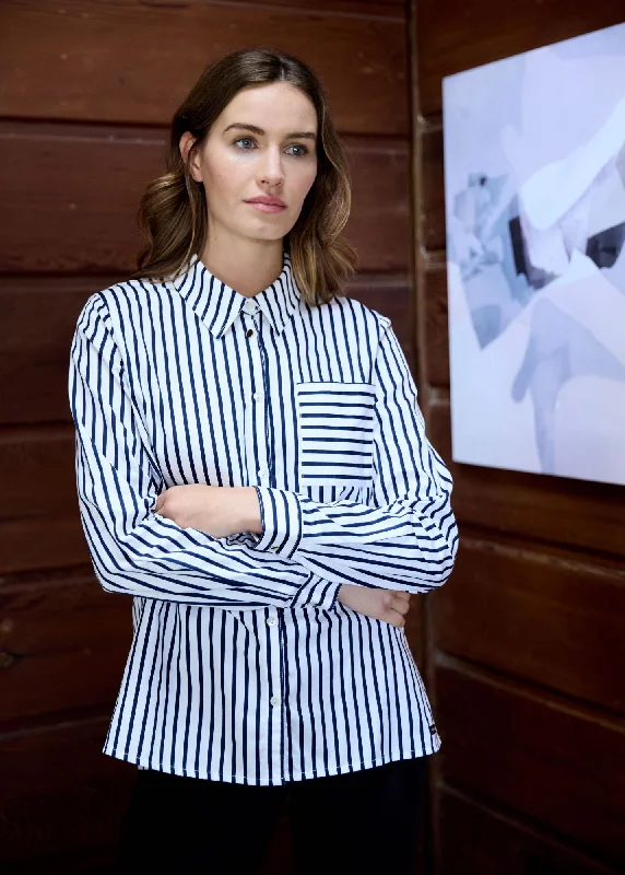 LALIE - Striped Satin Blouse  (WHITE / NAVY)