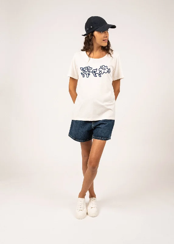 SANDY - Tee with Embossed Flower Embroidery | 100% Cotton (IVORY / INDIGO)