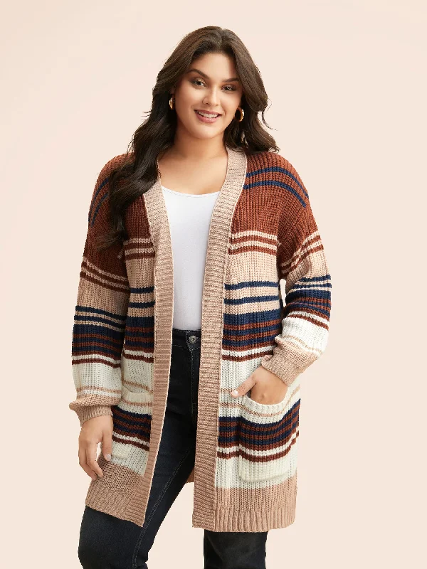 Contrast Striped Pocket Drop Shoulder Cardigan