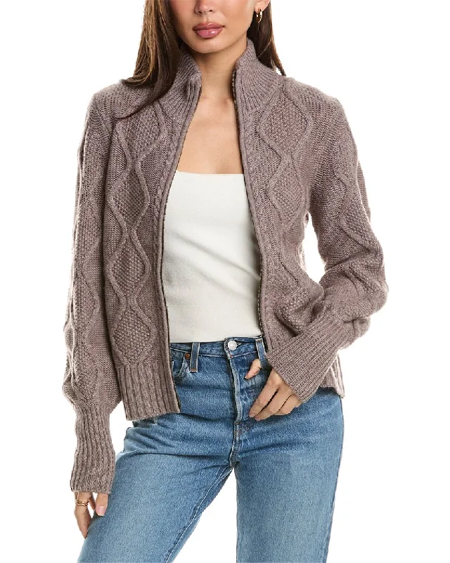 Forte Cashmere Luxe Cable Zip Mock Wool & Cashmere-Blend Cardigan