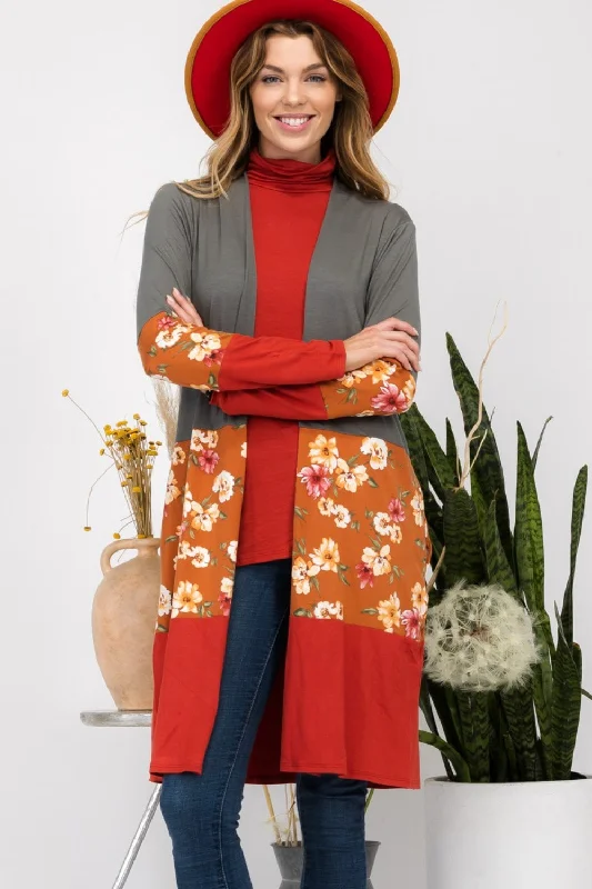 Full Size Floral Color Block Open Front Cardigan