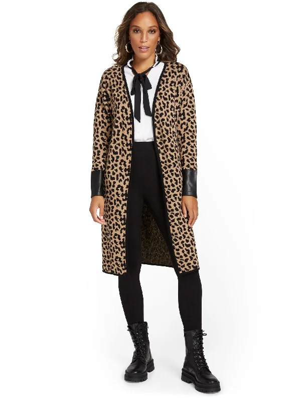 Leopard-Print Faux-Leather Sleeve Duster