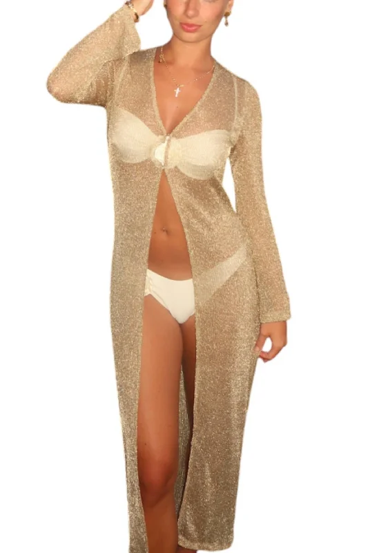 Long Sleeve Cardigan In Gold Metallic