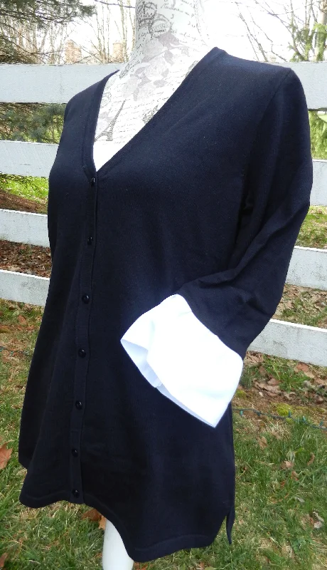 Wednesday Cardigan Navy w White Grosgrain 3/4 Sleeve - (WC Navy Wt)