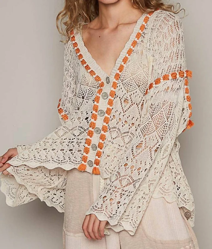 Oversized Rope Trim Cardigan In Natural