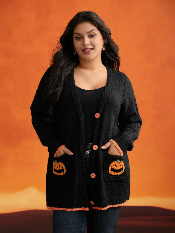 Pumpkin Pocket Embroidered Contrasting Cardigan - For Halloween