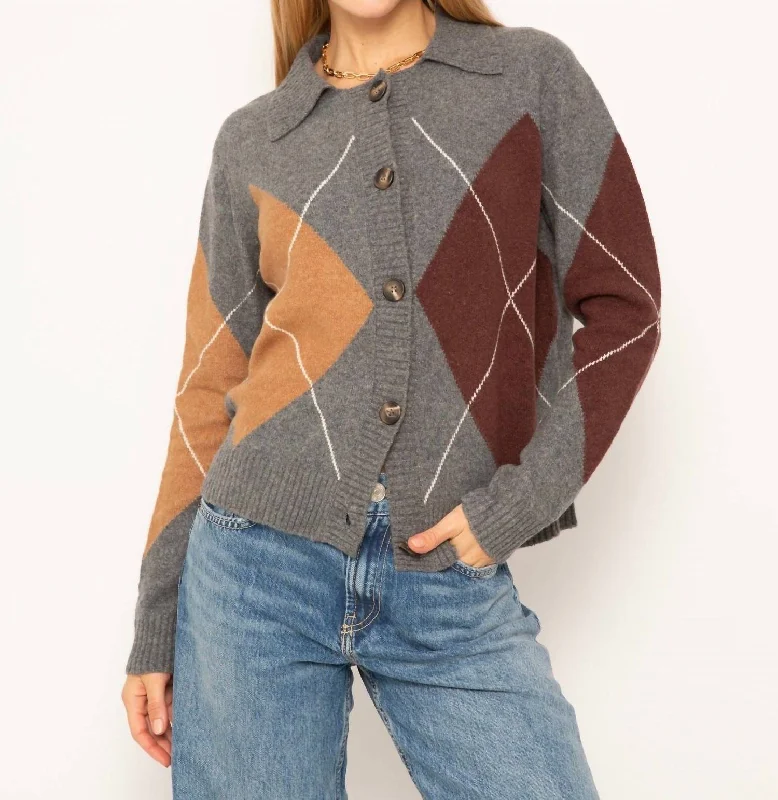 Roman Argyle Sweater Cardigan In Gray/brown/tan