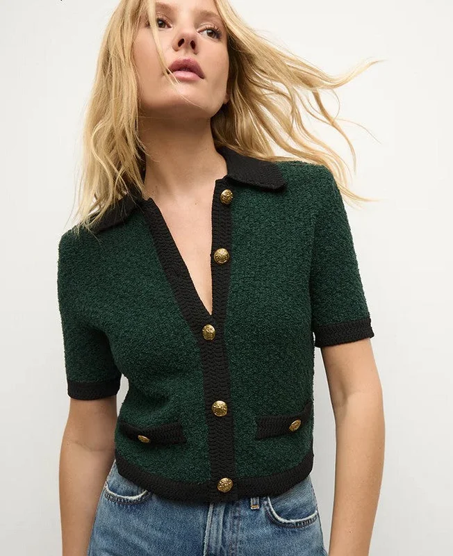 Veronica Beard Marie Tweed Cardigan - Pine/Black