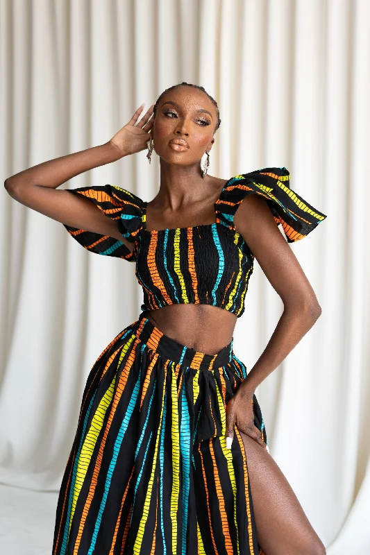 DELE African Print Ruffle Sleeve Crop Top