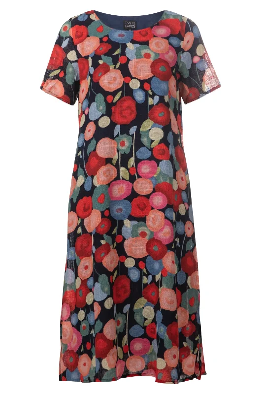 100% Cotton Dress with side splits | Navy Red Poppy | 6274A1