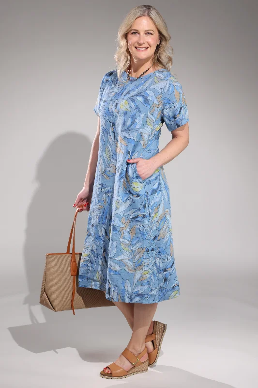 Made in Italy 100% Linen Dress | Azure Leaf | 0207A1