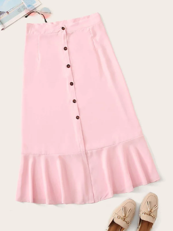 Plus Button Front Ruffle Hem Skirt