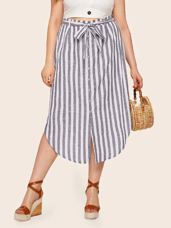 Plus Button Front Striped Belted Skirt