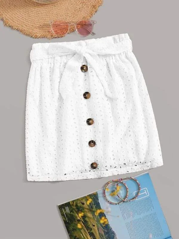 Plus Button Through Tie Waist Eyelet Embroidery Skirt