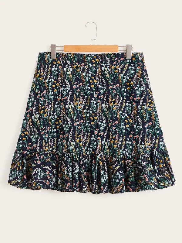 Plus Ditsy Floral Ruffle Hem Skirt