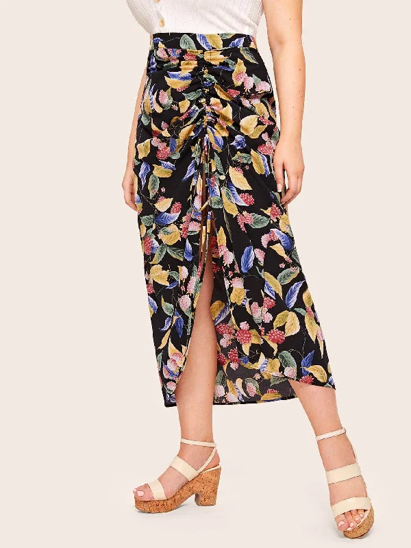 Plus Drawstring Hem Fruit Print Skirt