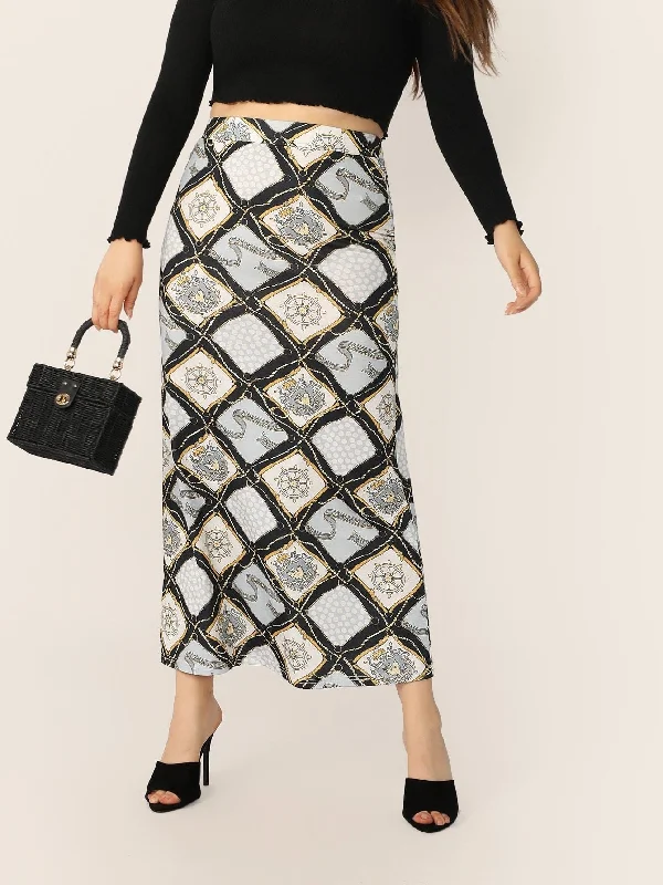 Plus Elastic Waist Scarf Print Skirt